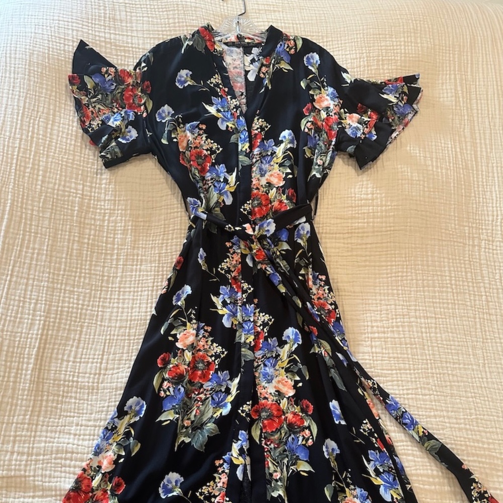 ZARA BASIC BLACK FLORAL MIDI DRESS - M